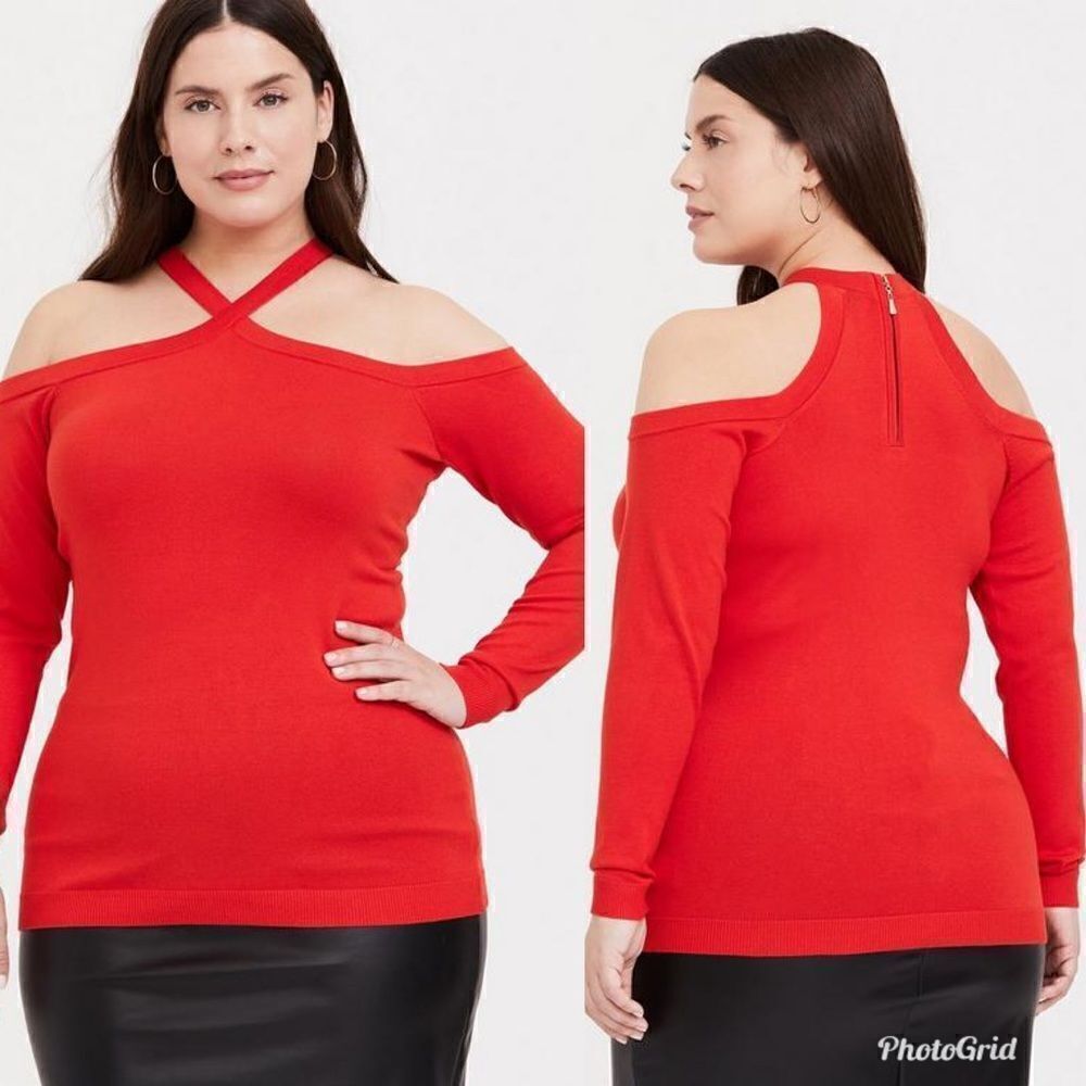 Torrid Cherry Red Pullover Cross Neck Cold Shoulder Sweater 2X